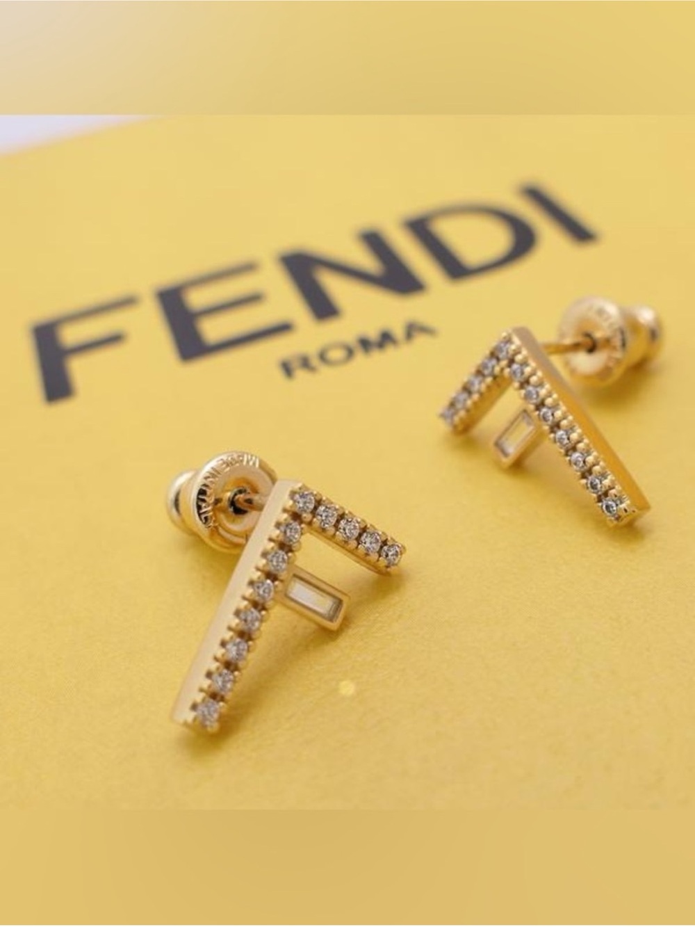 Fendi Crystal First “F” Logo Gold Tone Stud Earrings - Picture 2 of 10
